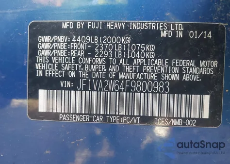 2015 Subaru Wrx Sti Launch Edition из США, поврежденный, VIN JF1VA2W64F9800983